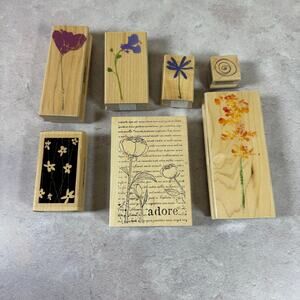 Lot of 7 Flowers Floral Wood Mounted Rubber Stamps Craft Hero Arts Memory Box